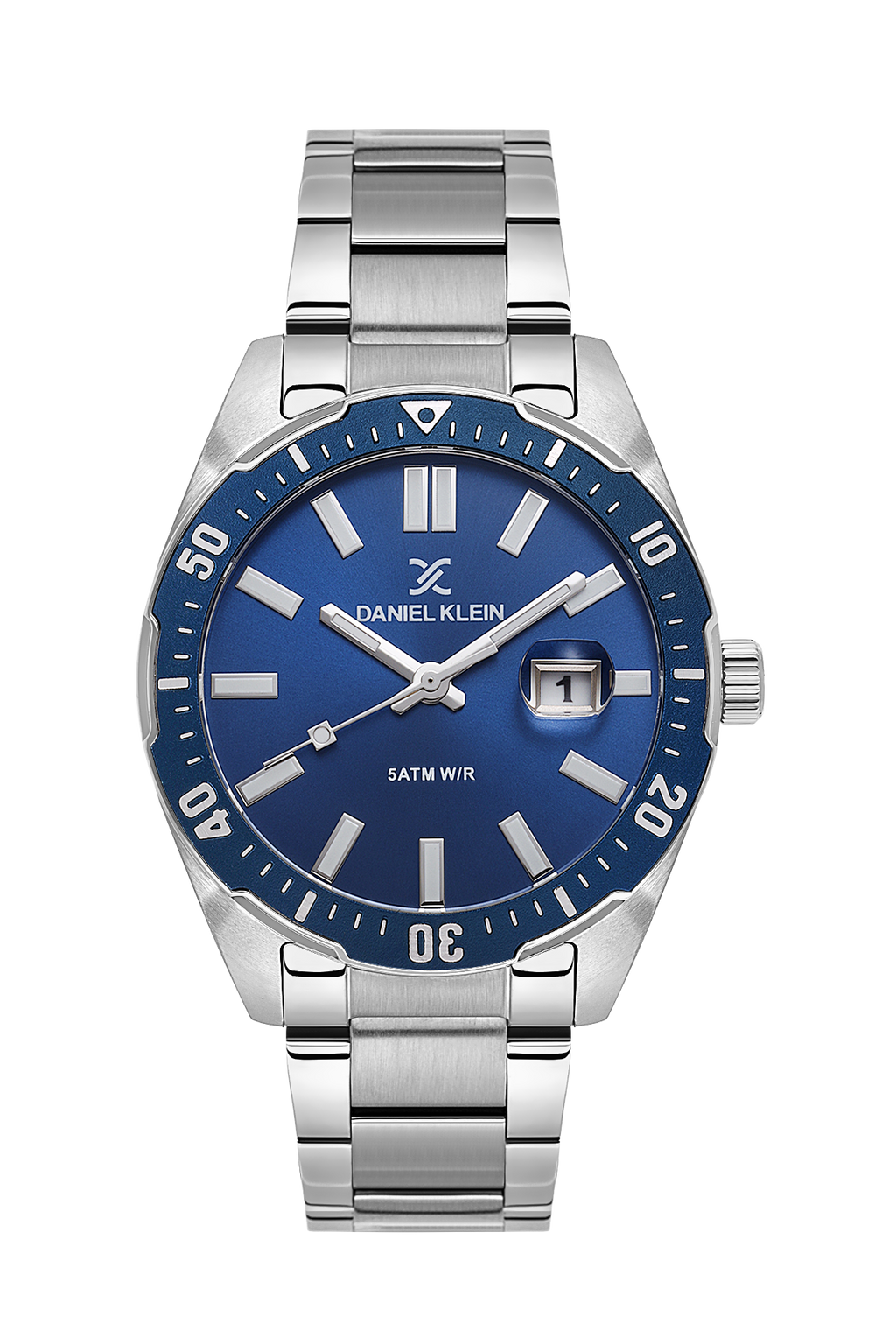 Daniel Klein Blue IP Silver Date Wrist Watch for Men DK.1.14195-2