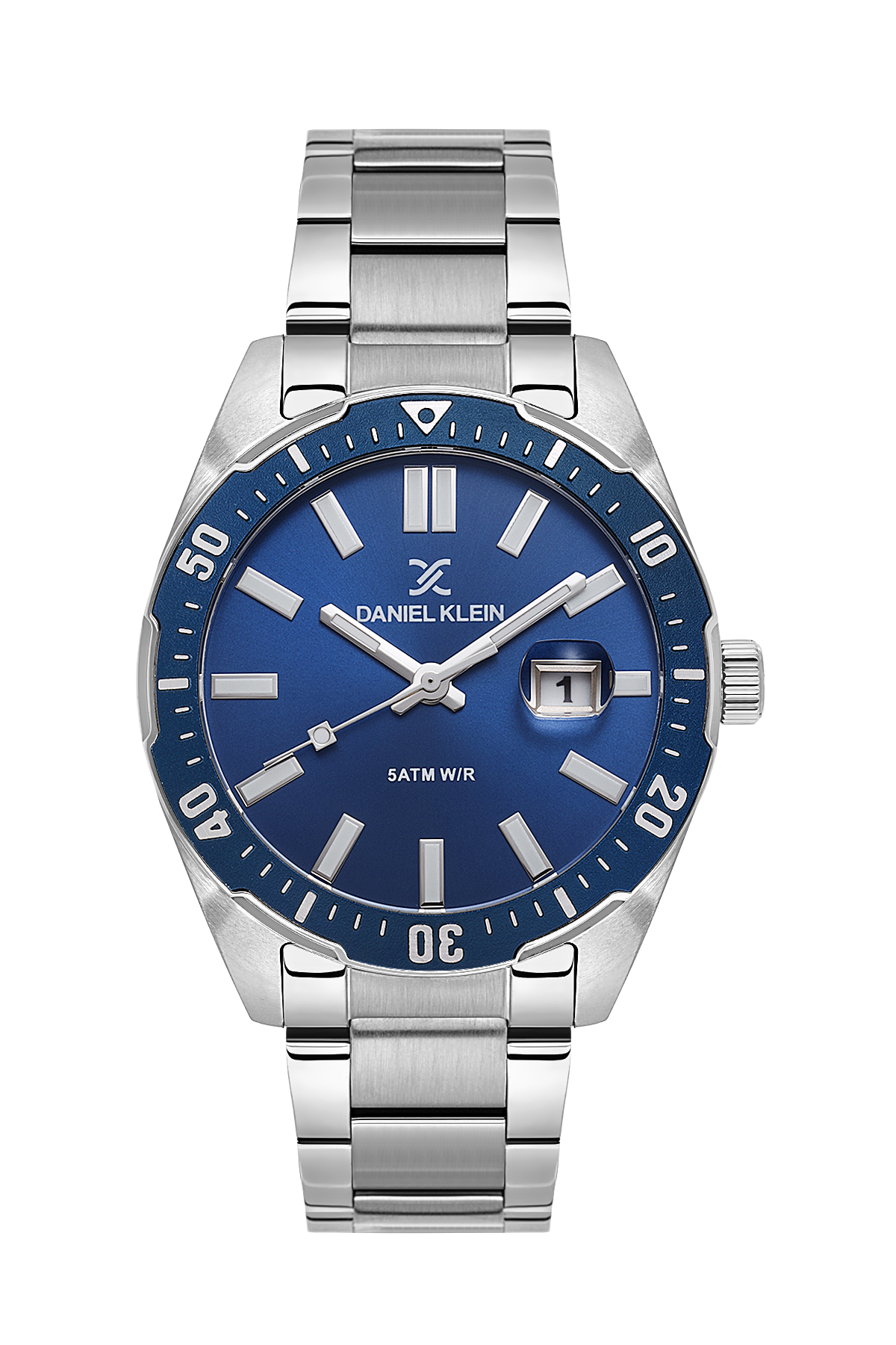 Daniel Klein Blue IP Silver Date Wrist Watch for Men DK.1.14195-2