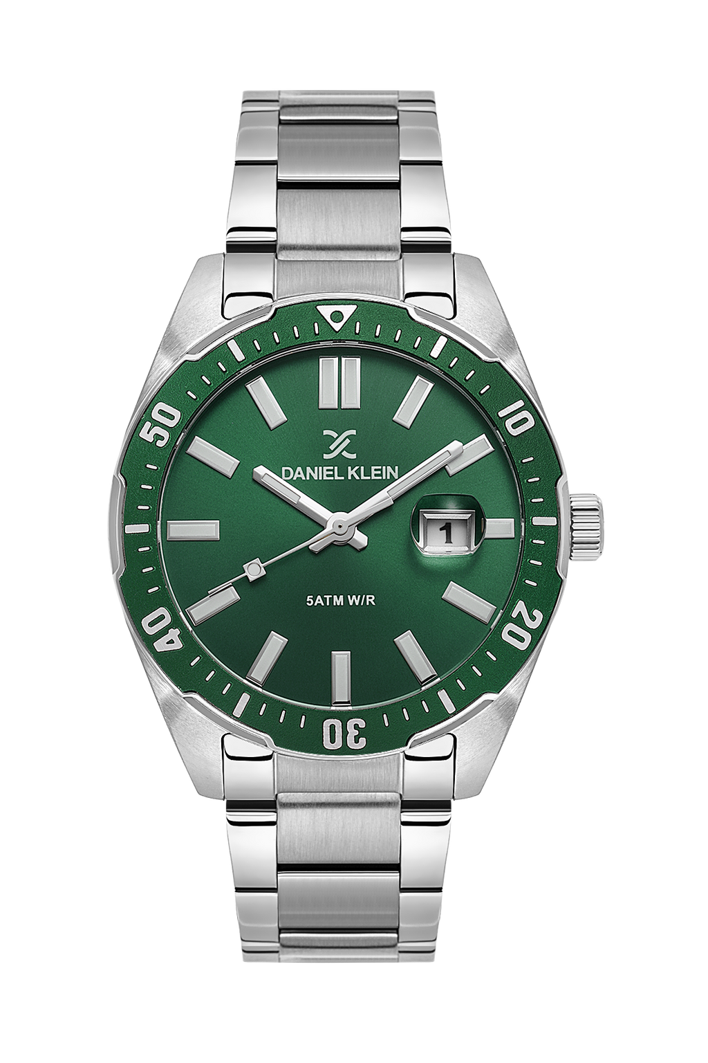Daniel Klein Dark Green IP Silver Date Wrist Watch for Men DK.1.14195-3