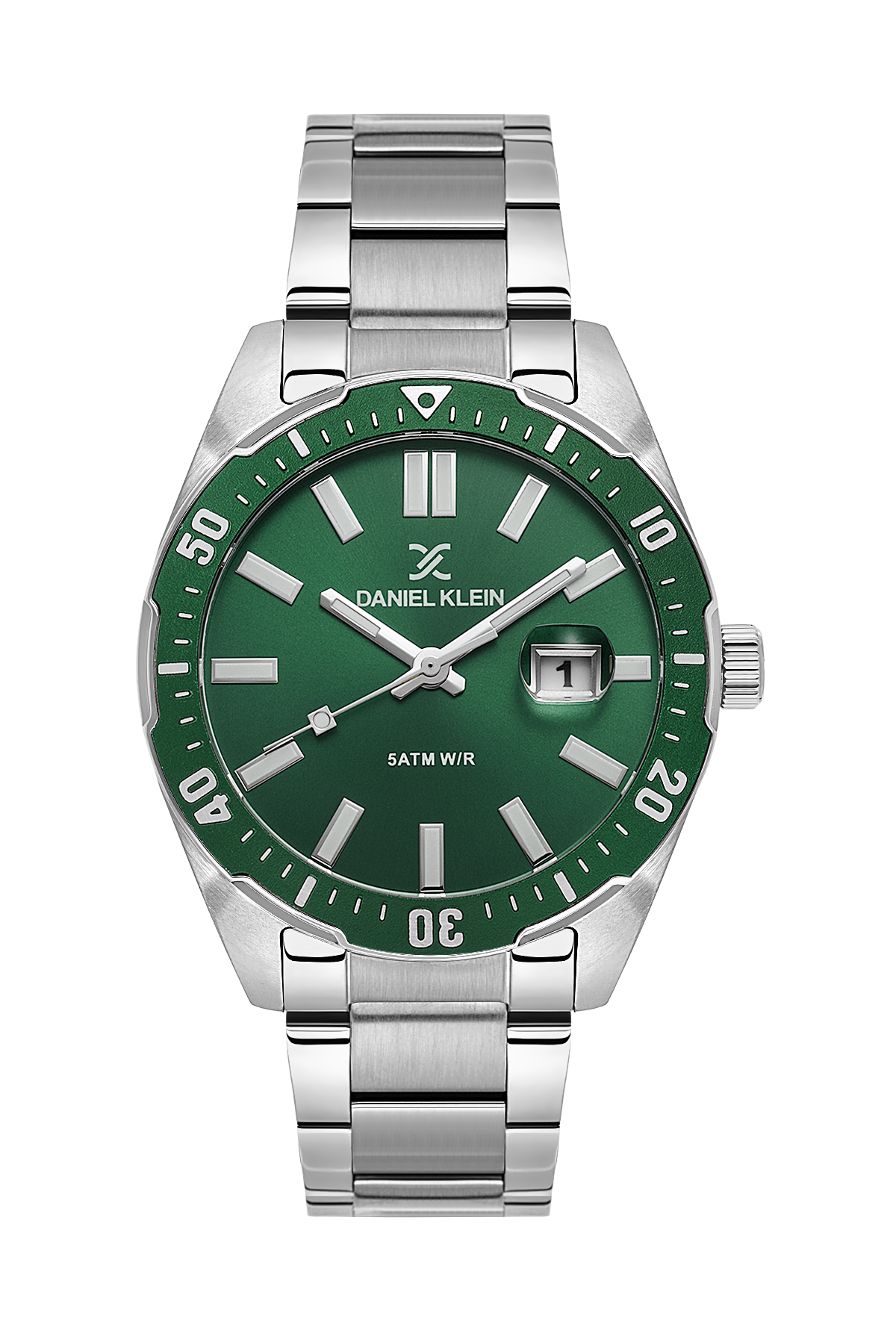 Daniel Klein Dark Green IP Silver Date Wrist Watch for Men DK.1.14195-3