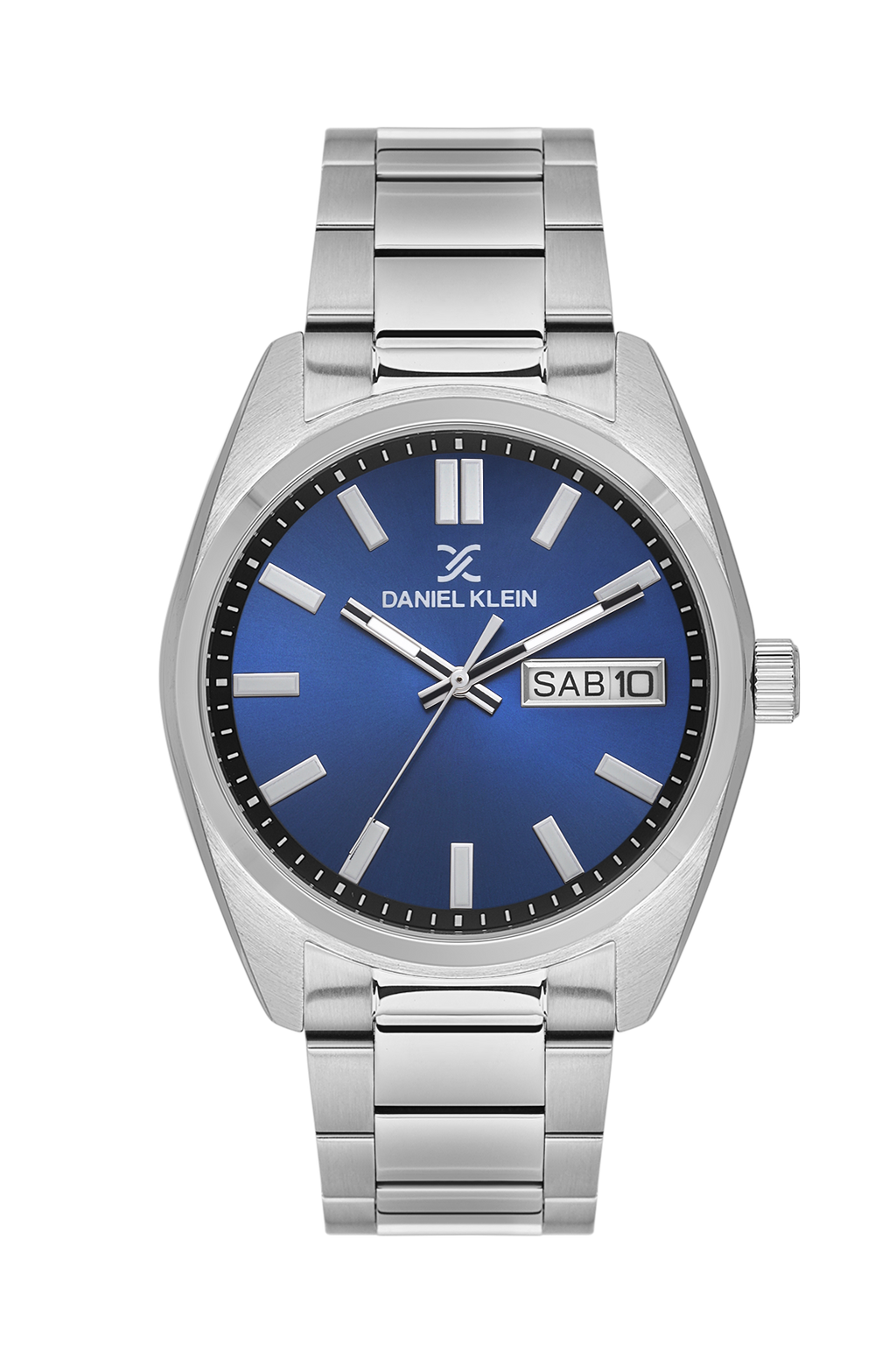 Daniel Klein Dark Blue IP Silver Day Date Wrist Watch for Men DK.1.14197-3