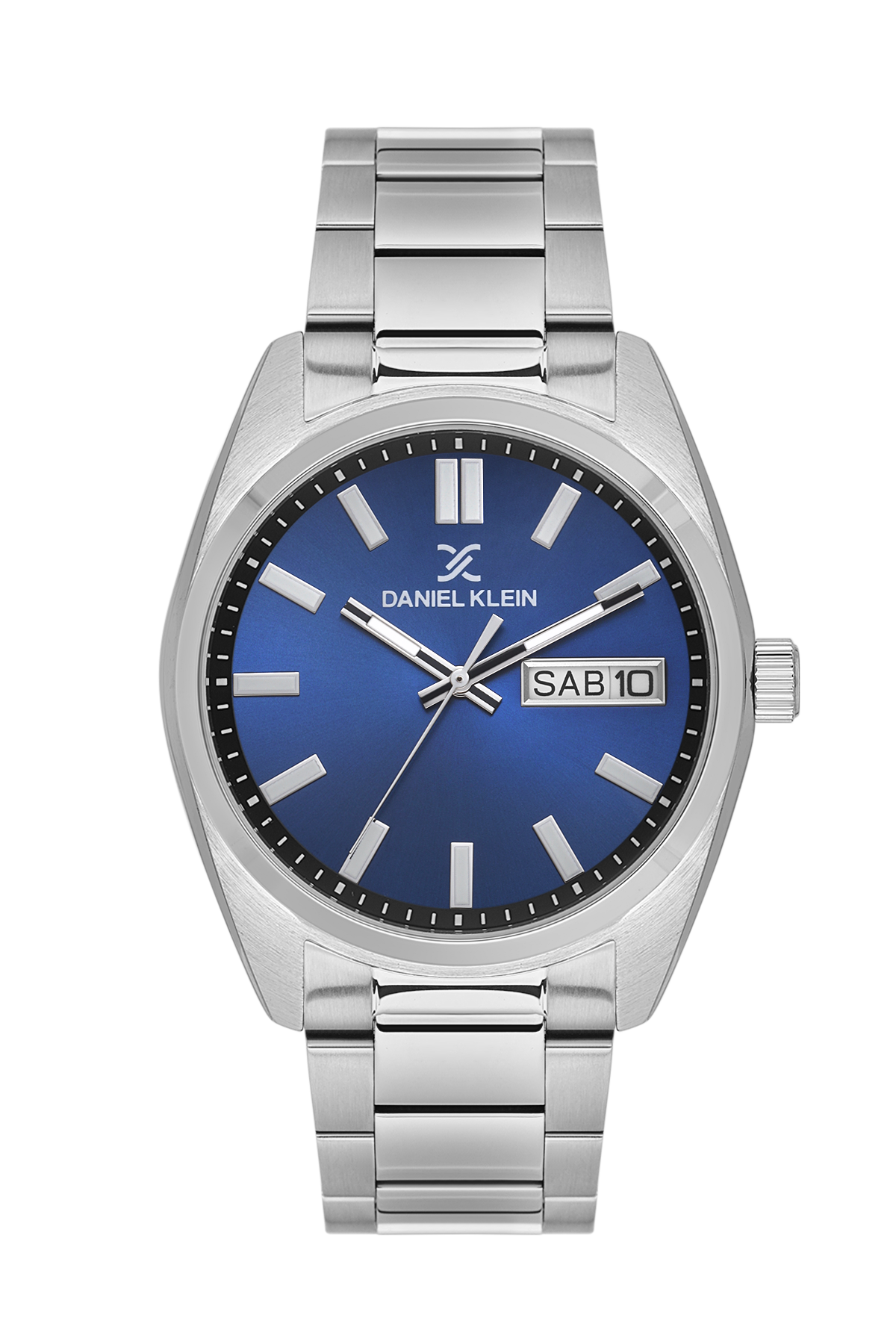 Daniel Klein Dark Blue IP Silver Day Date Wrist Watch for Men DK.1.14197-3