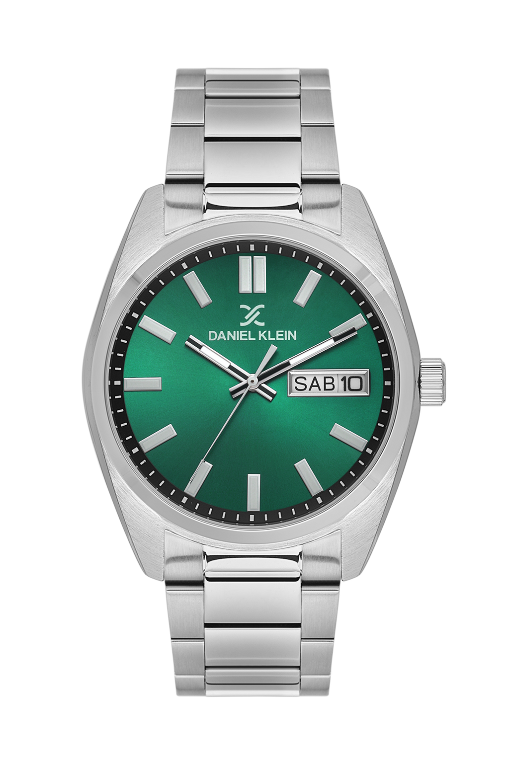 Daniel Klein Dark Green IP Silver Day Date Wrist Watch for Men DK.1.14197-4