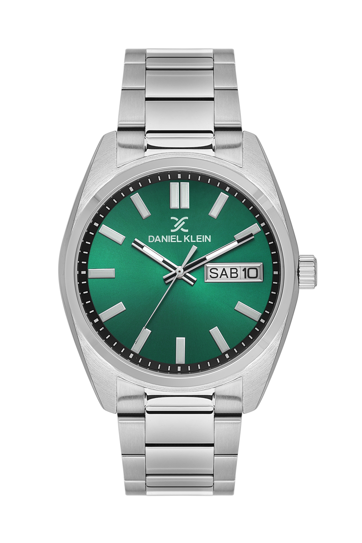 Daniel Klein Dark Green IP Silver Day Date Wrist Watch for Men DK.1.14197-4