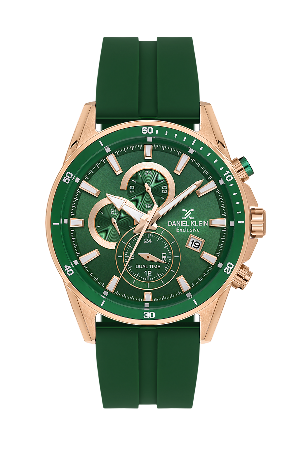 Daniel Klein Dark Green Pink Rosegold Dual Time Silicone Watch for Men DK.1.14246-6