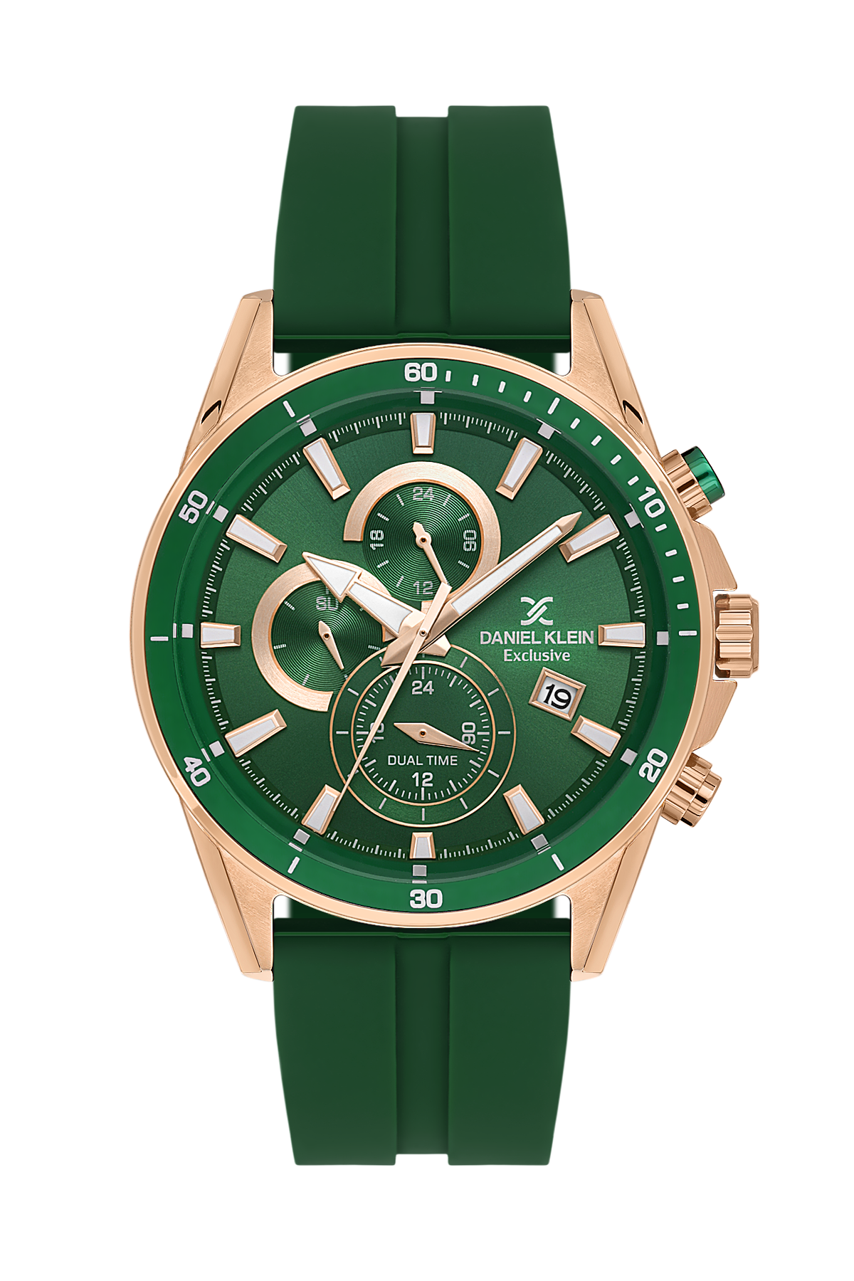 Daniel Klein Dark Green Pink Rosegold Dual Time Silicone Watch for Men DK.1.14246-6