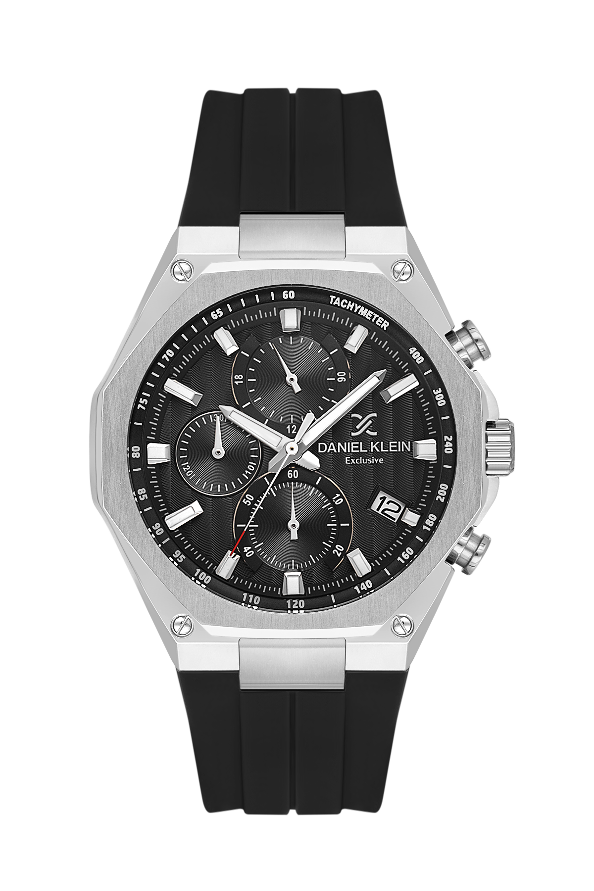 Daniel Klein Black IP Silver Silicone Multifunction Watch for Men DK.1.14258-2