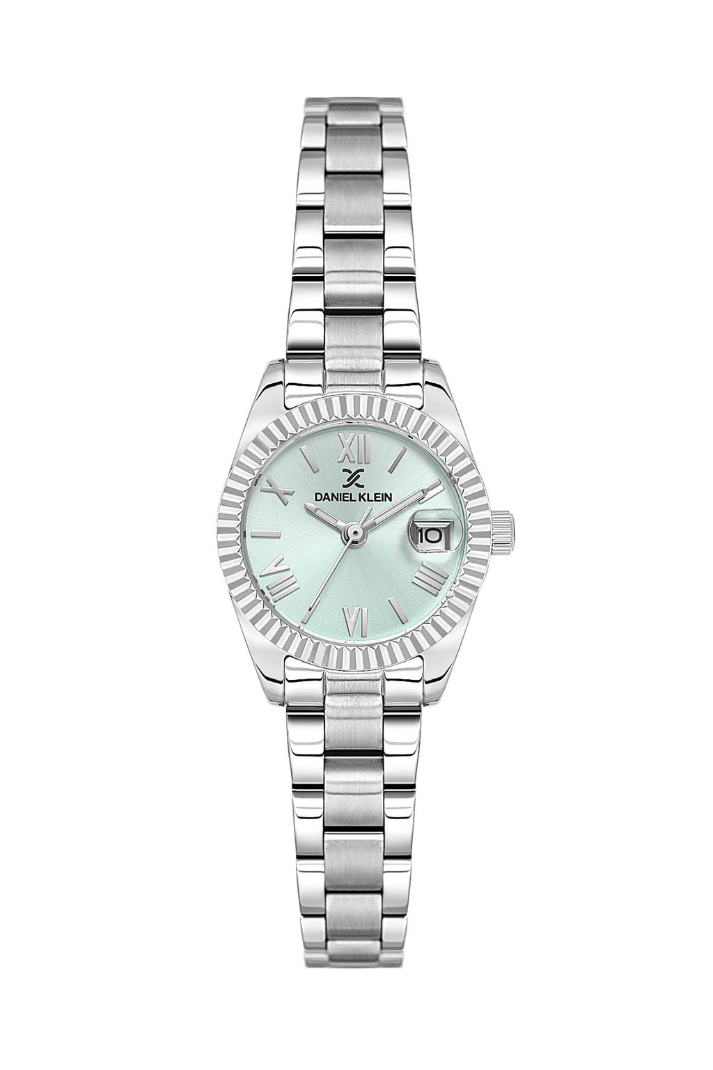Daniel Klein Light Green IP Silver Date Wrist Watch for Women DK.1.14276-4