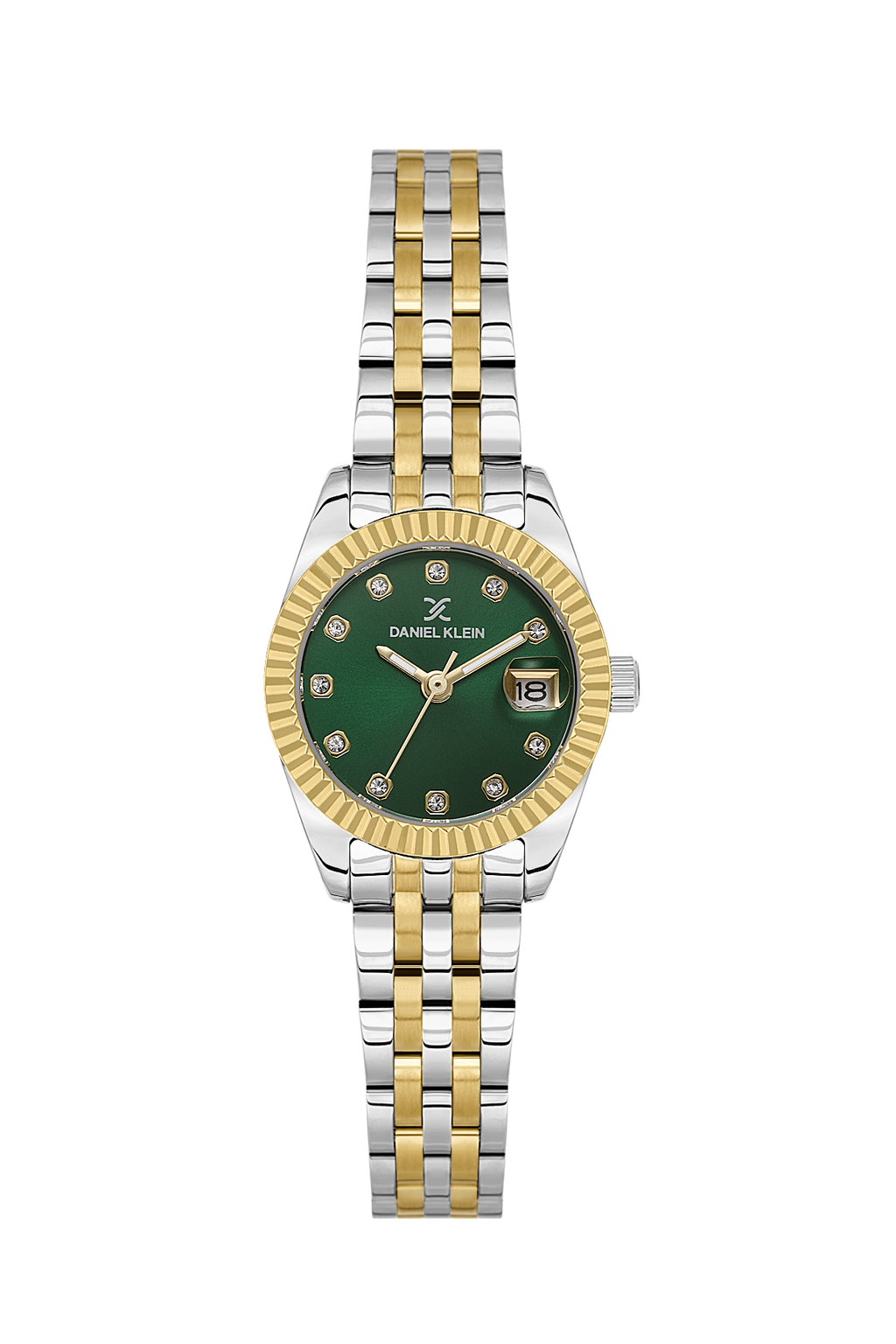 Daniel Klein Dark Green IP Silver/Gold Date Wrist Watch for Women DK.1.14276-7
