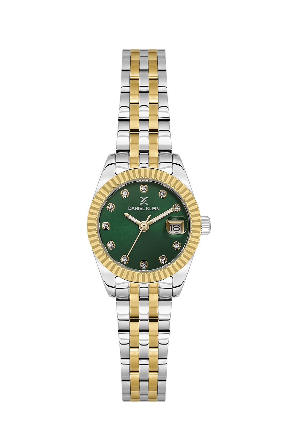 Daniel Klein Dark Green IP Silver/Gold Date Wrist Watch for Women DK.1.14276-7