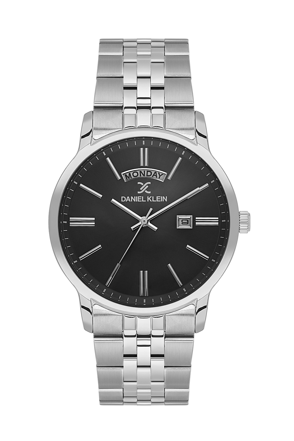 Daniel Klein Gun Black IP Silver Day Date Watch for Men DK.6.14203-2