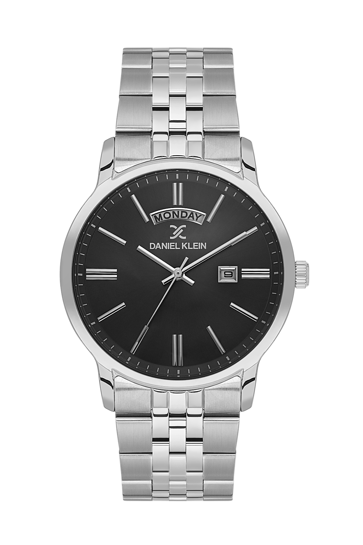 Daniel Klein Gun Black IP Silver Day Date Watch for Men DK.6.14203-2