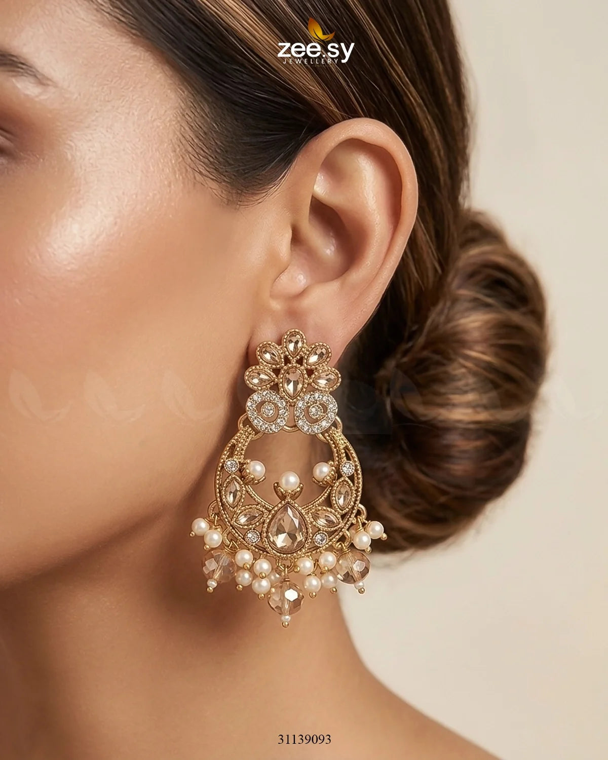 Moon Pearl Stone Chandbali Earrings
