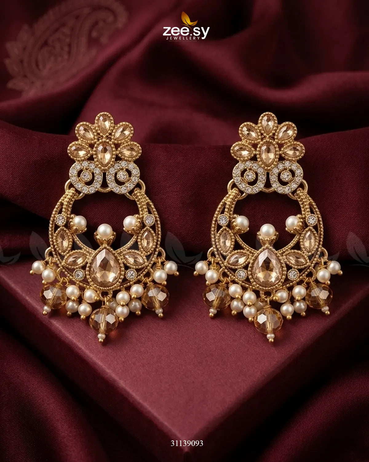 Moon Pearl Stone Chandbali Earrings