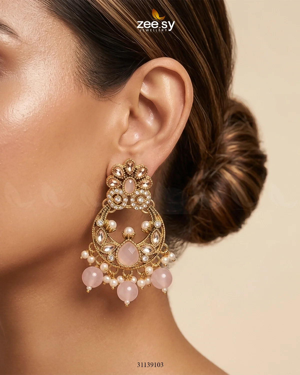 Moon Pearl Stone Chandbali Earrings