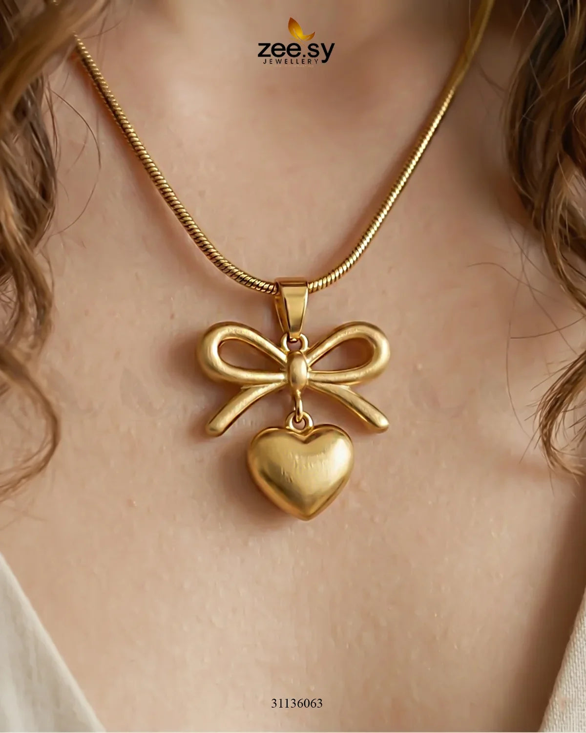 Puffed Heart Ribbon Bow Pendant