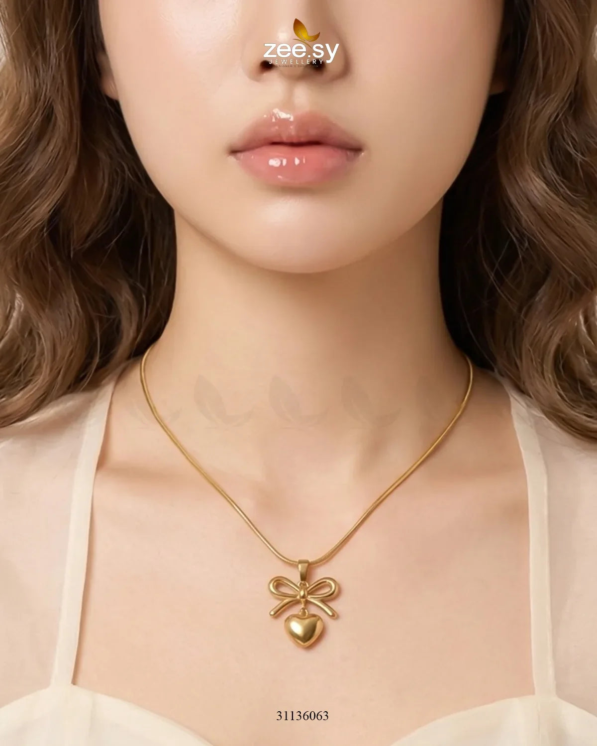 Puffed Heart Ribbon Bow Pendant