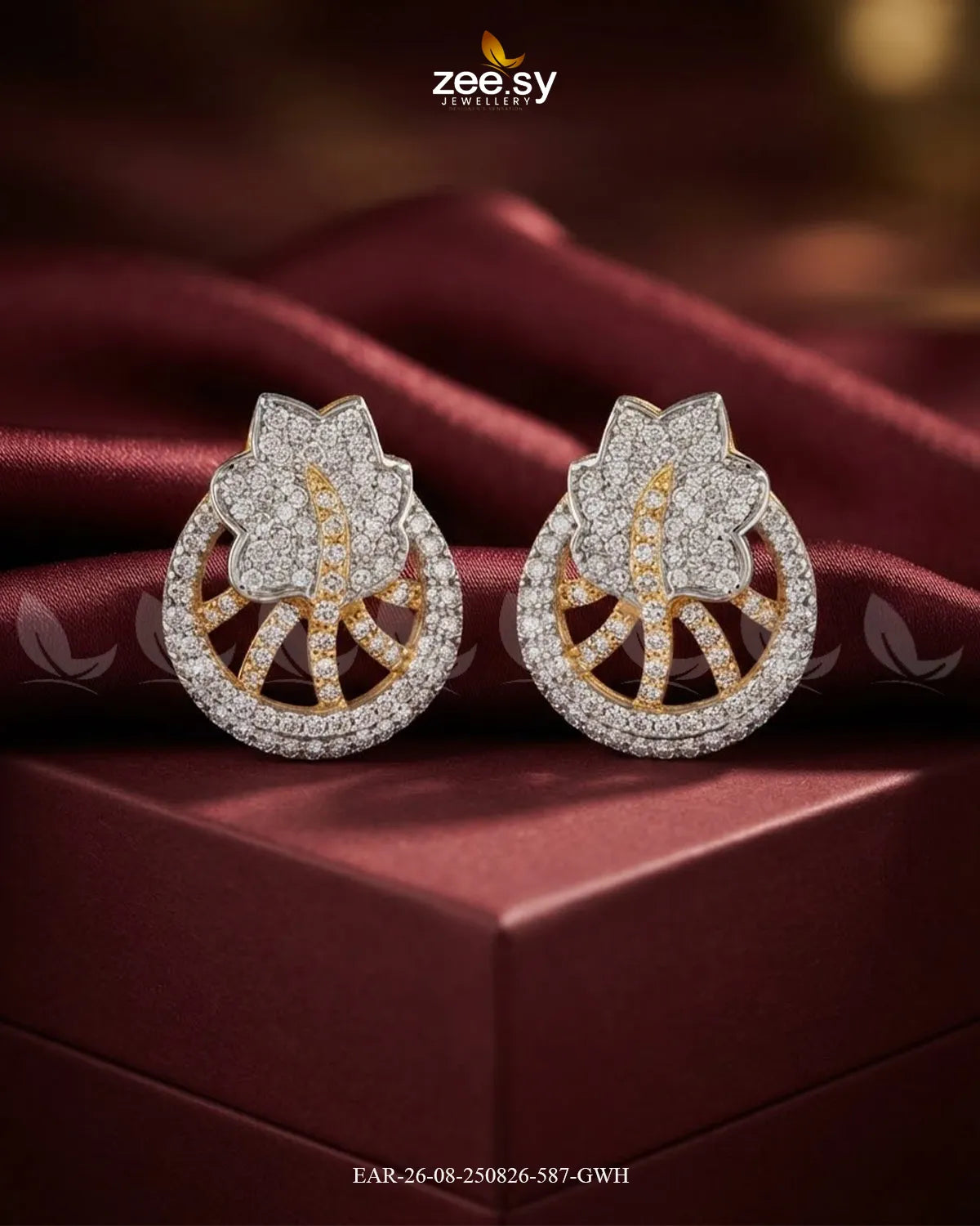Royal Floral Zircon Earrings - Golden