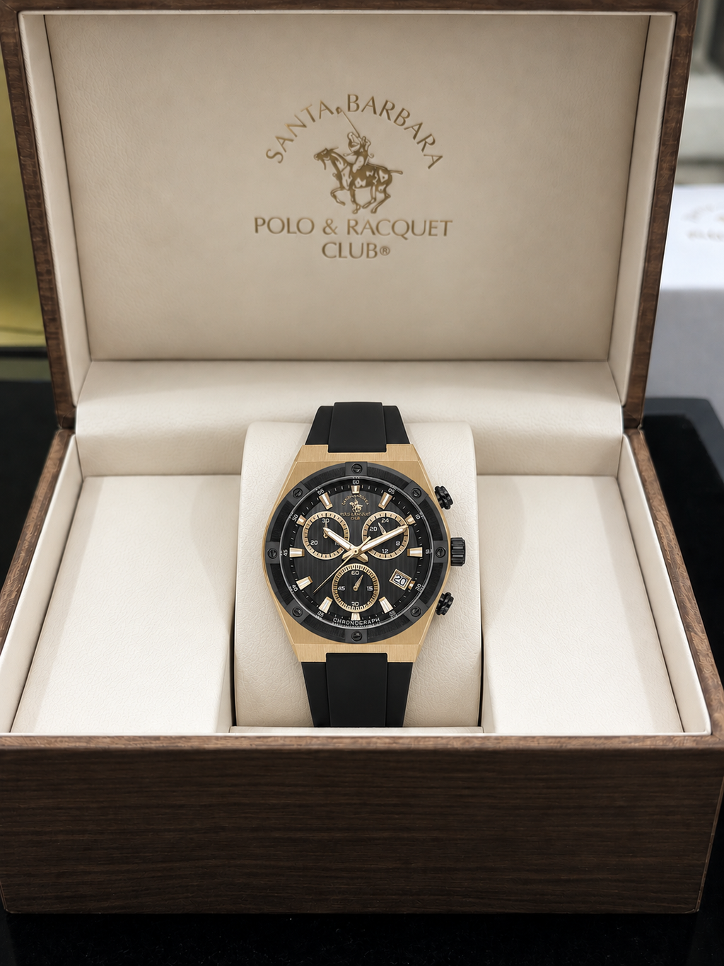 Chronograph Gents Watch – Black IP Black Gold Strap (SB.1.10659-3)