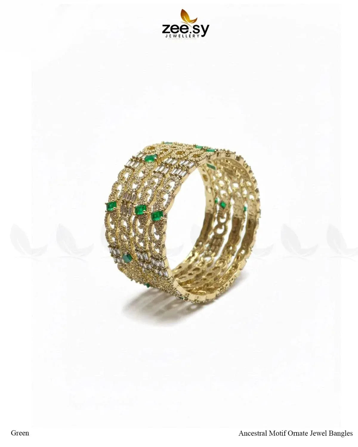 Ancestral Motif Ornate Jewel Bangles - Green
