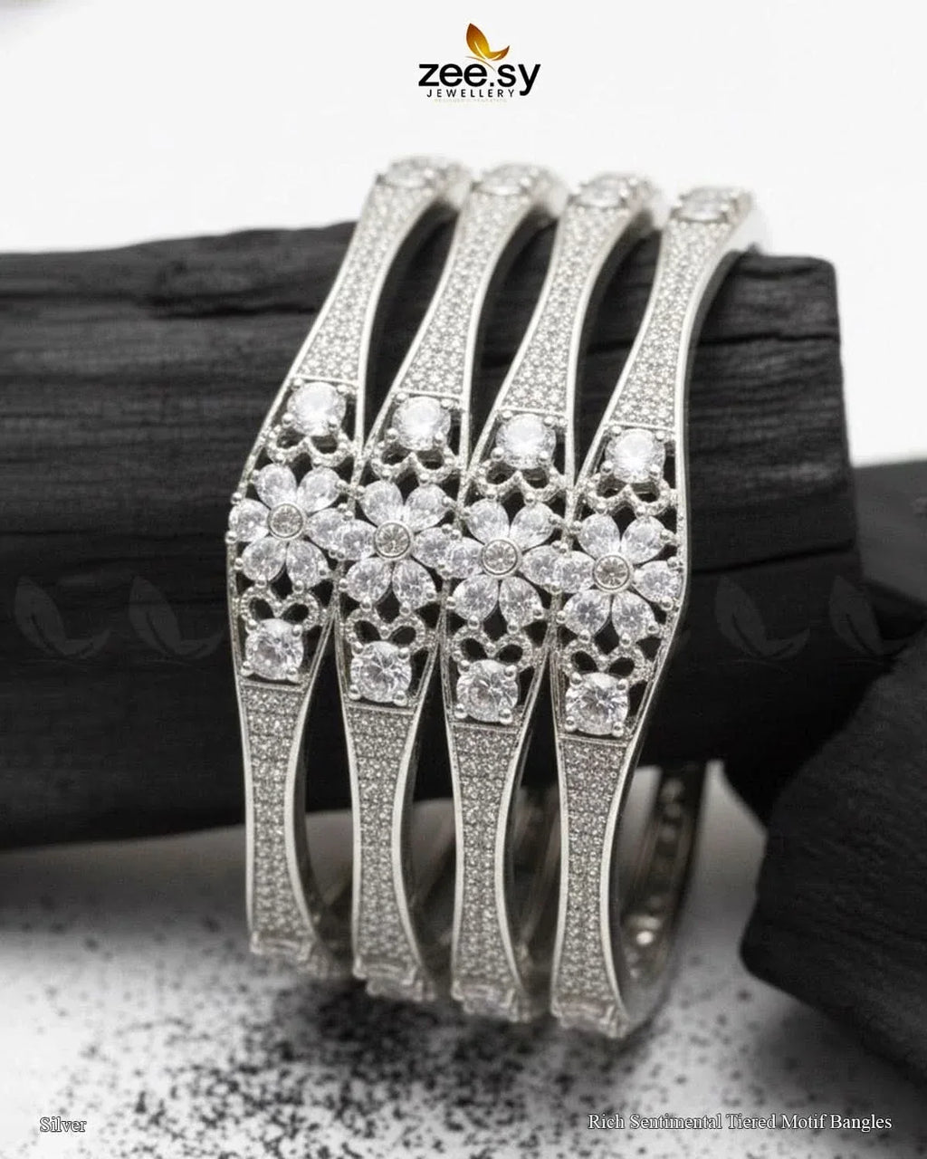 Rich Sentimental Tiered Motif Bangles - Silver