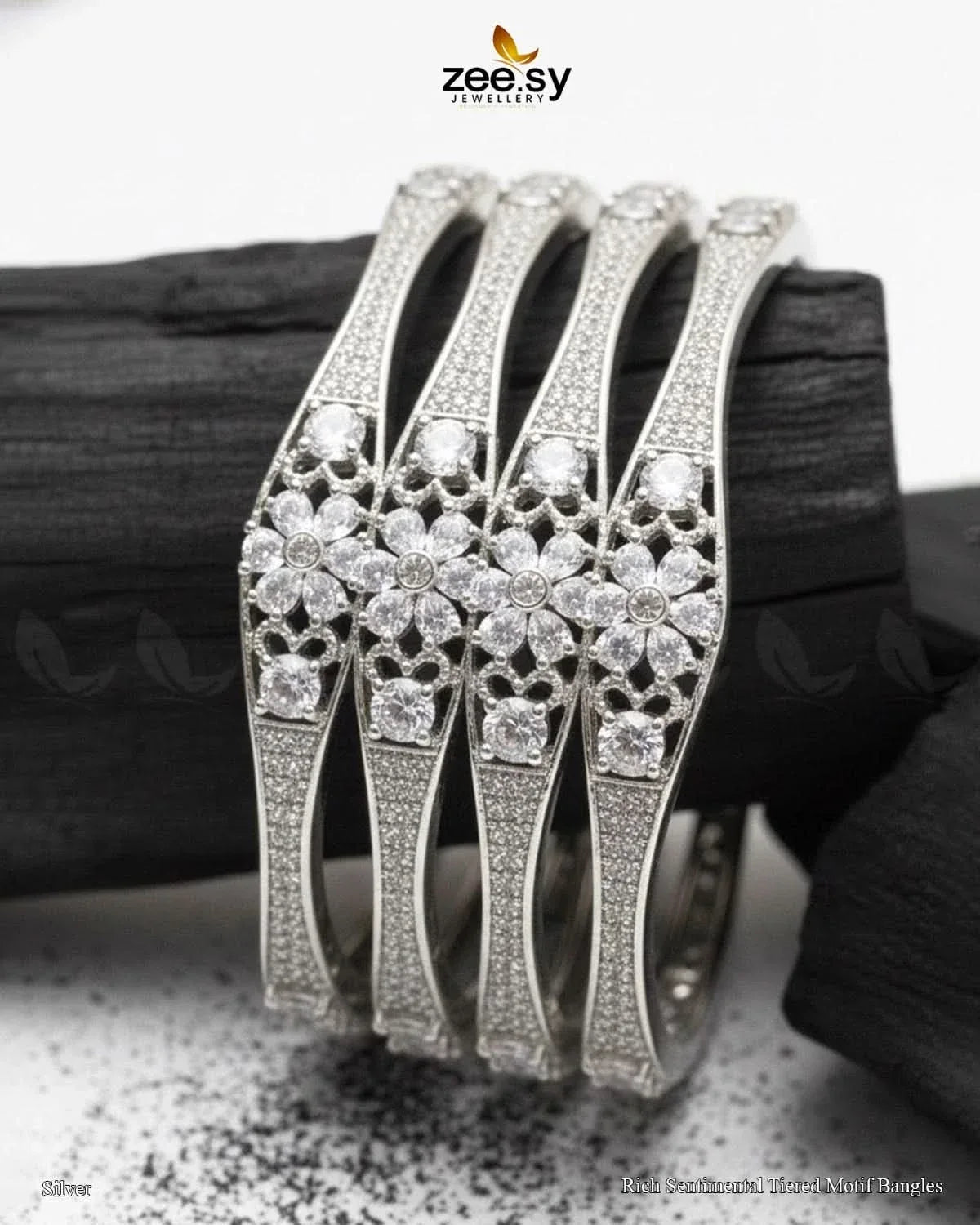 Rich Sentimental Tiered Motif Bangles - Silver