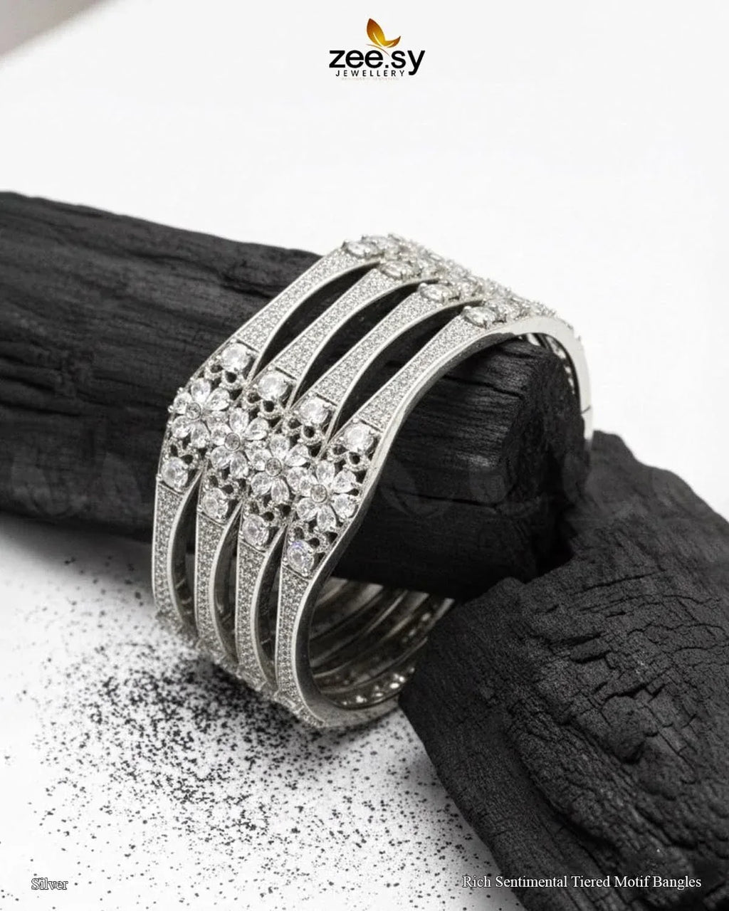 Rich Sentimental Tiered Motif Bangles - Silver