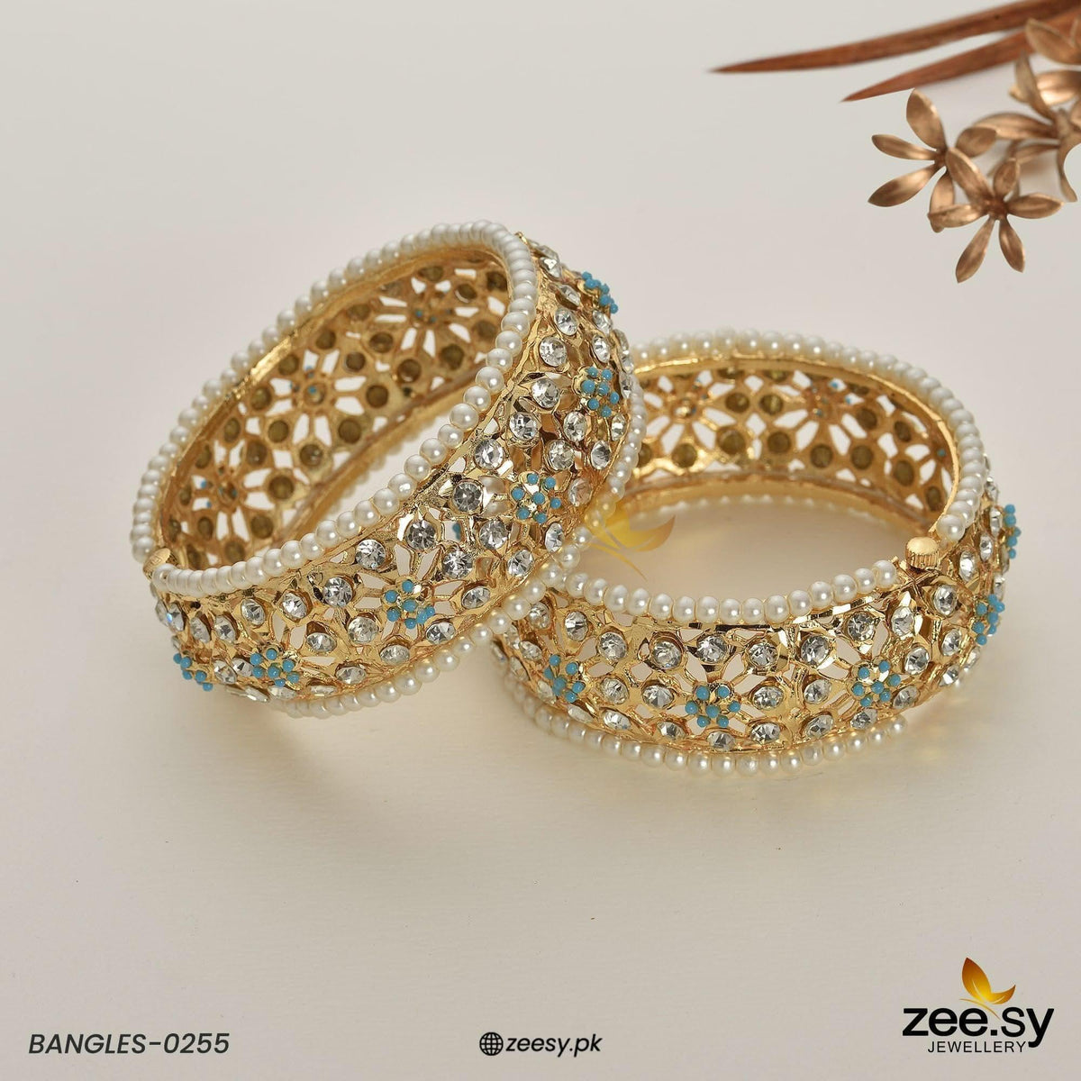 Beaded Pearl Floral Lattice Bangles