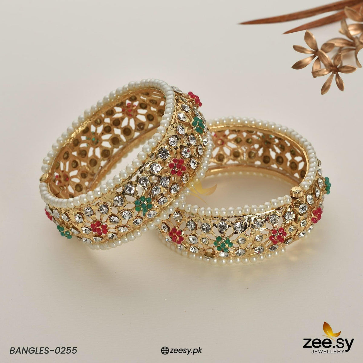 Beaded Pearl Floral Lattice Bangles