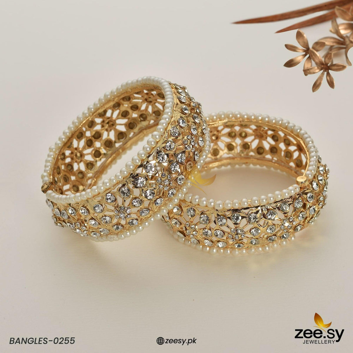 Beaded Pearl Floral Lattice Bangles