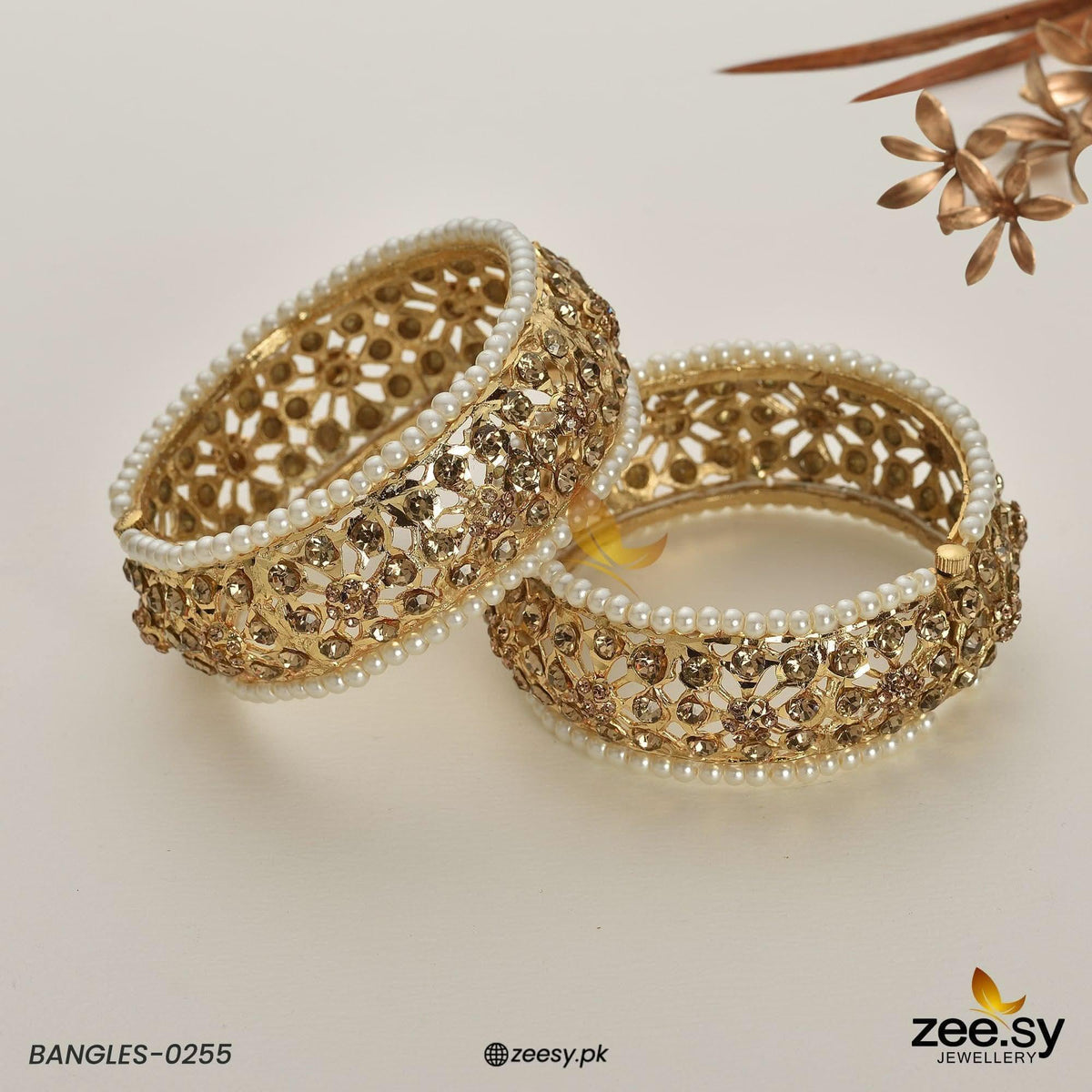 Beaded Pearl Floral Lattice Bangles