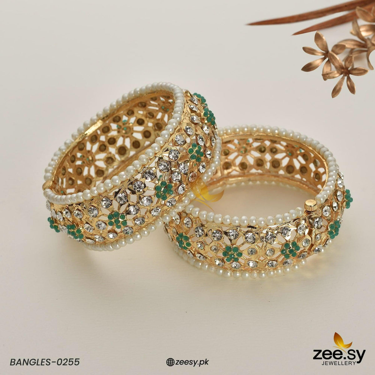 Beaded Pearl Floral Lattice Bangles