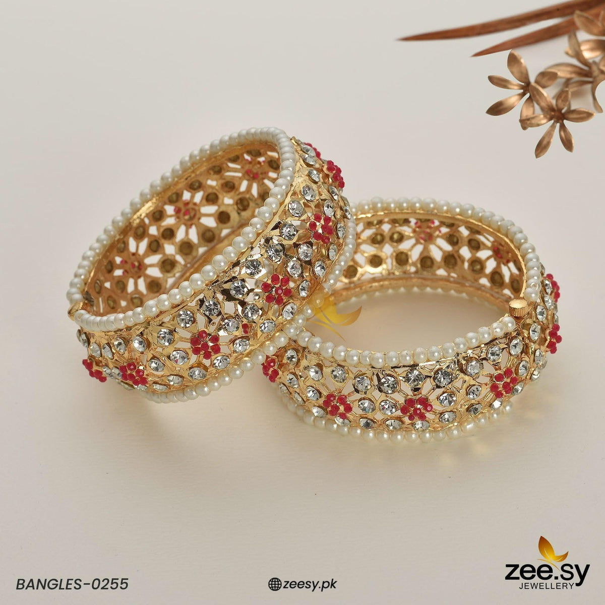 Beaded Pearl Floral Lattice Bangles