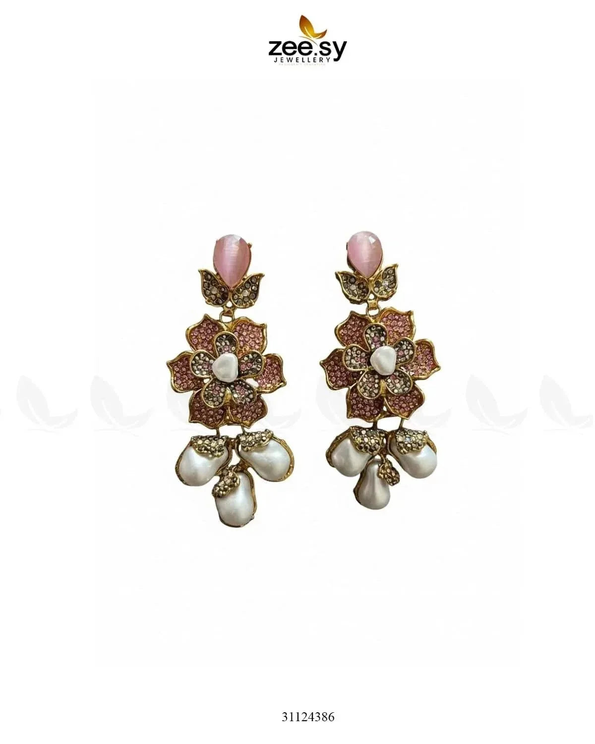 Floral Crystal Pearl Drop Earrings