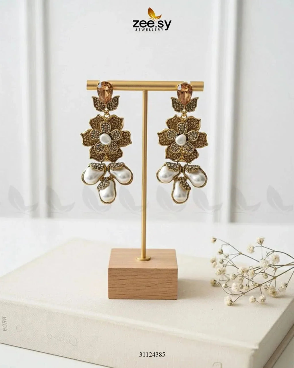 Floral Crystal Pearl Drop Earrings