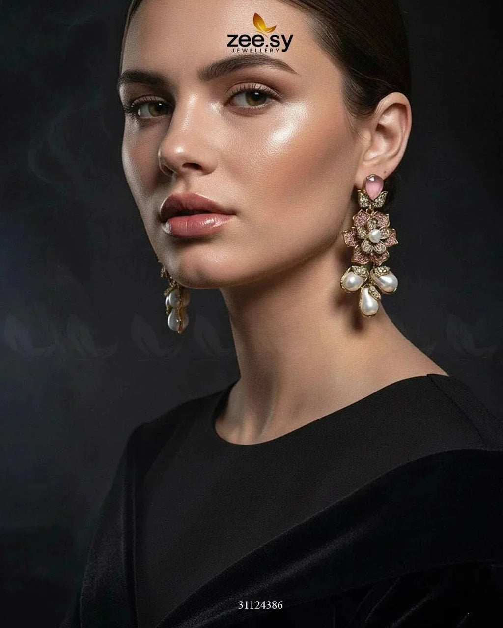 Floral Crystal Pearl Drop Earrings