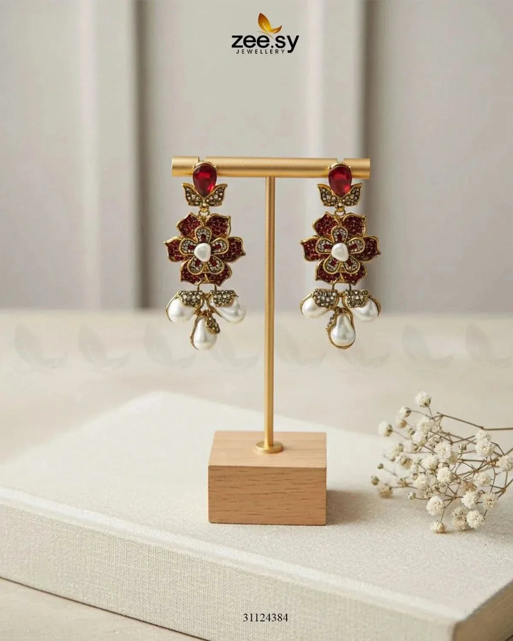 Floral Crystal Pearl Drop Earrings