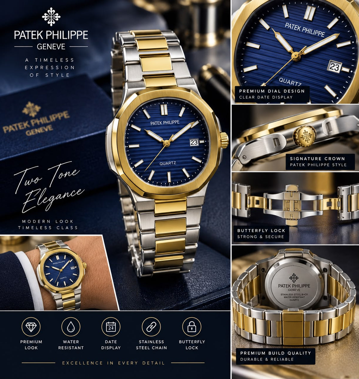 PATEK PHILIPPE STYLE two tone watches