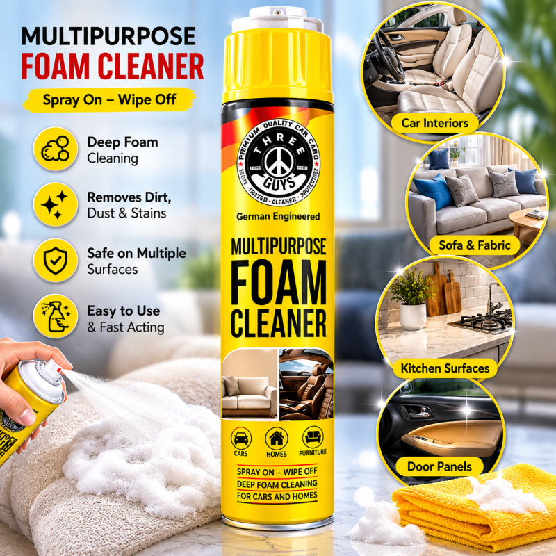 THREE GUYS Multi-Purpose Foam Cleaner 650ml – Car & Home Use | Upholstery, Dashboard, Carpet, Appliance & Surface Cleaning Spray